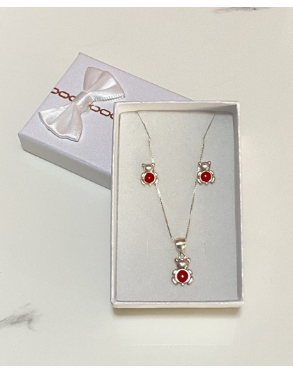 Juego de aretes y dije de oso color rojo Plata925